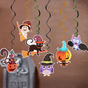 Halloween spiral hanging decorations featuring cartoon ghost, pumpkin, and bat characters