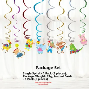 Detailed view of animal spiral hanging decorations set with package component info