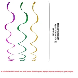 Close-up of three colorful laser hanging spirals in purple, green, and gold