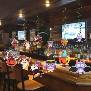 Halloween cartoon spiral hanging decorations featuring ghosts, pumpkins, and black cats