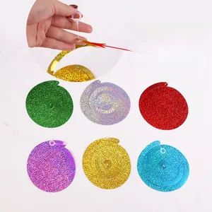 Detail of colorful laser spiral hanging decorations with pre-installed hooks for parties