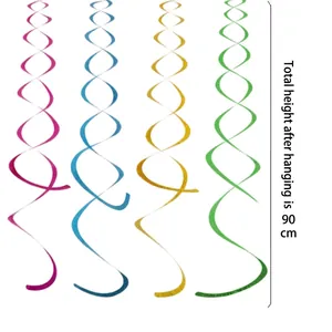Set of 4 colorful laser PET double helix hanging spirals for party decor, 90cm long.