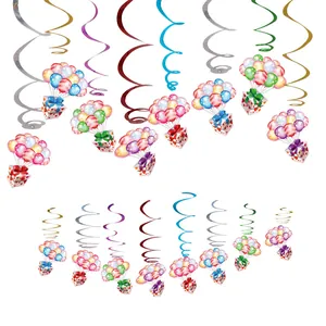 Colorful party ceiling swirls with cartoon balloon and gift box hanging decorations