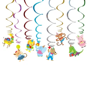 Detailed view of colorful cartoon animal spiral ceiling hanging decorations for birthday parties