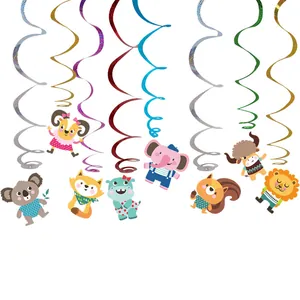 Detailed view of colorful cartoon animal spiral hanging decorations for birthday party setup