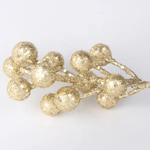 12-Kopf gold glitzernde künstliche Beerenstiele für Weihnachtsbaum und Kranzdeko