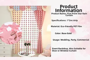 Detailed view of rose gold star fringe curtain with product specifications.