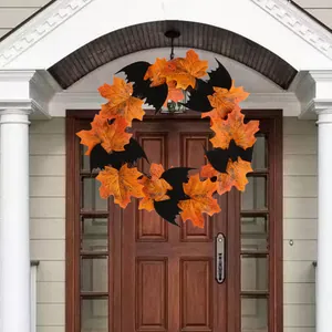 Halloween Bat Maple Leaf Wooden Wreath Decoration For Home Bar Door Window Party Decor Festive Halloween Hanging Ornament