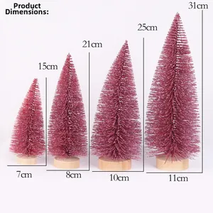 Vier magenta Mini-Weihnachtsbäume mit Höhen- und Breitenmaßen zum Vergleich dargestellt