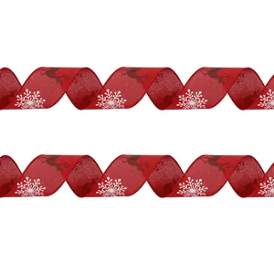 Rotes 2 Meter langes Weihnachts-Dekoband mit weißen Schneeflocken und Rentier-Prints