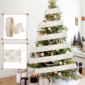 European Christmas Ribbon Gold Powder Snowflake Print White Mesh Wired Edge Ribbon For Xmas Tree Decor DIY Craft Wedding Party