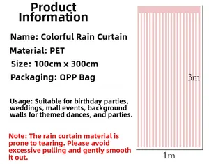 Detailed specifications for a 1x3m pink tinsel curtain used for party backdrops and events.