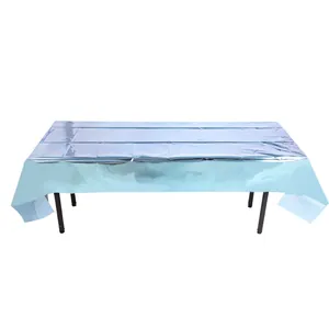 Disposable shiny light blue foil tablecloth for festive Christmas party decorations 1x2.7m