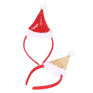 Vue détaillée des serre-têtes de Noël à paillettes rouges et dorées pour la fête.