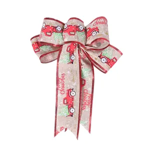 Festive linen Christmas bow ornament with vintage red truck and Merry Christmas print design