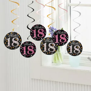 Detailed view of 18th birthday hanging swirl decorations in glittery rose gold and silver