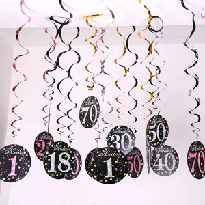 Detail view of glitter number hanging spirals for birthday and anniversary party decorations