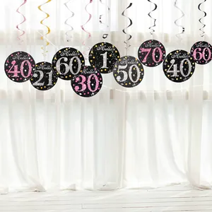 Detail view of glittery hanging birthday spirals with age milestone numbers