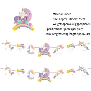 Detail of unicorn and castle paper garland with product specifications and dimensions.