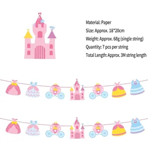 Pink princess theme paper banner with castle and dress patterns for girl birthday party