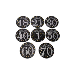 Detail view of birthday number hanging decorations for ages 1, 18, 21, 30 to 70.
