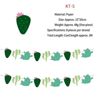 Cactus-themed cartoon party banner hanging decoration with green plant flags and white background