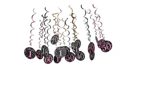 Glittery birthday hanging swirls with ages 18 to 80, black and pink party decorations