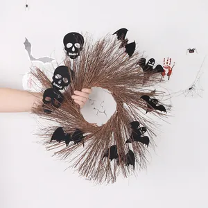 Halloween Door Wreath Natural Twig Sunflower Wreath Decoration With Black Bat Skull Ghost Ornaments DIY Party Home Decor