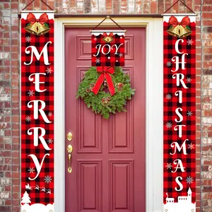 Red and black buffalo plaid Christmas porch banners with Merry Christmas Joy text