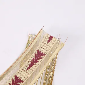 Detailed macro shot of Christmas wire ribbon with red tree patterns for DIY crafts