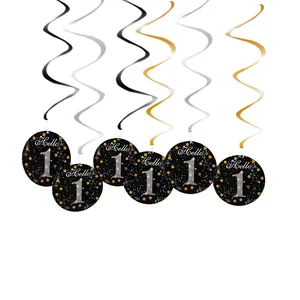 Hello 1 first birthday party hanging spiral decorations in black and gold for anniversary