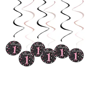 Pink and black 1st birthday party hanging swirl decorations with Hello 1 cards