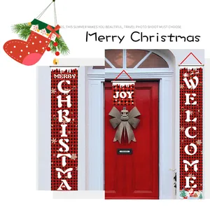 Set of buffalo plaid Christmas door banners featuring Merry Christmas and Welcome