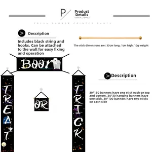 Vista dettagliata degli striscioni di Halloween con aste in legno e accessori per montaggio a parete.