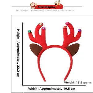 Detailed dimensions of a red reindeer antler headband with brown ears and colorful bells