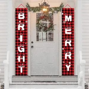 Merry Bright red and black buffalo plaid Christmas porch banners for outdoor holiday decor