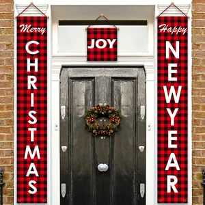 Red and black buffalo plaid Christmas and New Year door banners set with Joy and Merry text