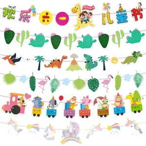 Farbenfrohes Set aus 6 Party-Bannern aus Papier mit Tieren, Dinosauriern und Einhörnern