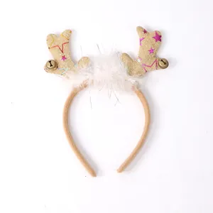 Festive glittery Christmas reindeer antler headband with golden bells and white fur trim