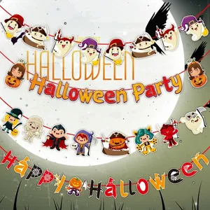 Halloween cartoon character banner garland with festive Happy Halloween letters for decor