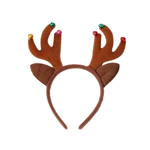 Cute plush Christmas reindeer antler headband with colorful little jingle bells