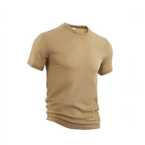 Slim fit men's khaki seersucker short sleeve T-shirt with breathable waffle texture