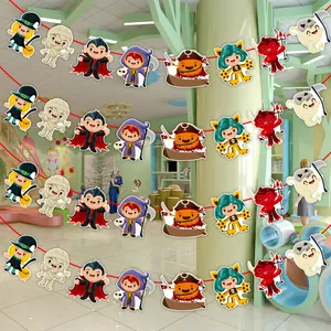 Festive Halloween cartoon banners displayed across a bright indoor hallway for seasonal decoration