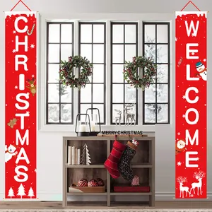 Detailed view of red Christmas porch banners styled in a cozy festive living room setting.