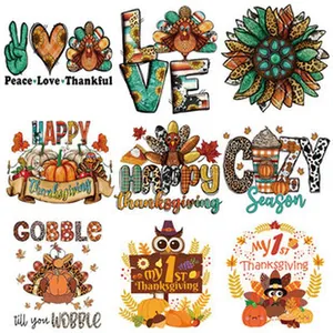 Collection of nine Thanksgiving themed heat transfer patches with festive graphics