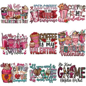 Detail of Valentine's Day and coffee-themed heat transfer stickers for clothing DIY.