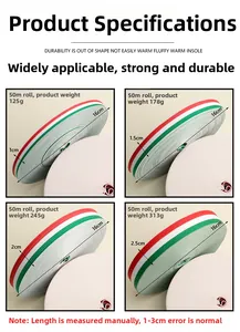 Specifications of red white and green striped webbing in various widths and weights