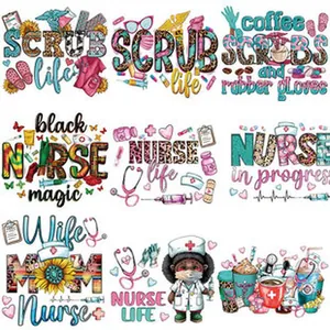 Colorful nurse and scrub life themed heat transfer patches with vibrant leopard prints