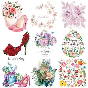 Watercolor floral heat transfer patches featuring high heels and flower bouquets