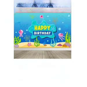 Vista dettagliata del fondale di compleanno a tema oceano con Patrick Star e testo